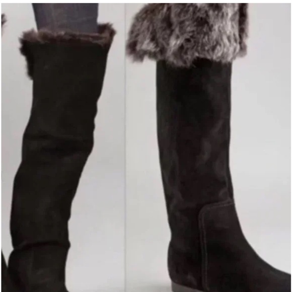 Exc 8.5 Sam Edelman Boots Black Suede Orlando Faux Fur Cuff Over the Knee $380 - Picture 2 of 8